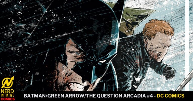 Cover art from DC Comics' Batman/Green Arrow/The Question Arcadia #4 showing Batman in the foreground and a blond-haired opponent in a snowy, action-packed battle scene.