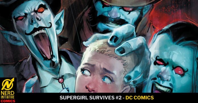 Comic book cover: Supergirl Survives #2 (DC Comics) showing blue-skinned vampires looming over a frightened girl with blonde hair.