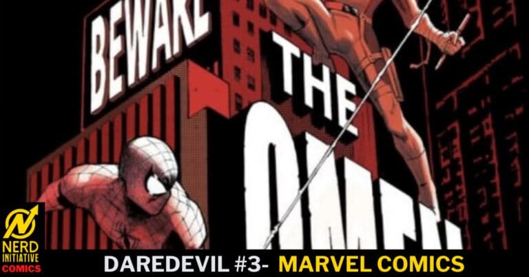 Comic book cover with Spider-Man on the left and Daredevil swinging above a red cityscape; large white 'DAREDEVIL' text and visible 'BEWARE THE' signage, Marvel Comics branding at the bottom.