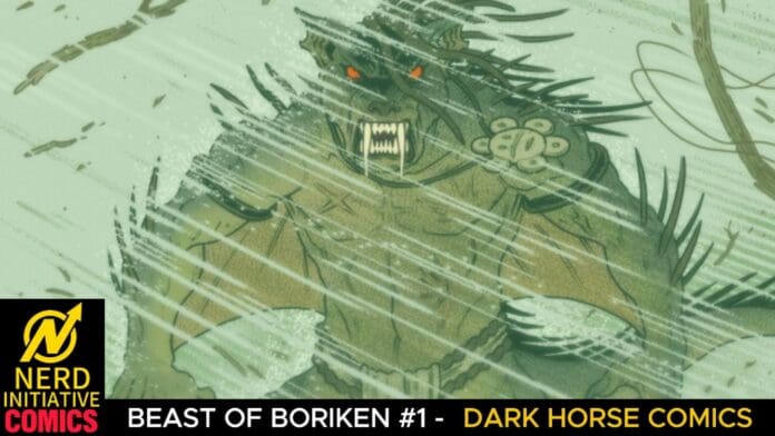 Beast-like monster snarling with orange eyes; cover for Beast of Boriken #1 from Dark Horse Comics, with Nerd Initiative Comics logo in corner.