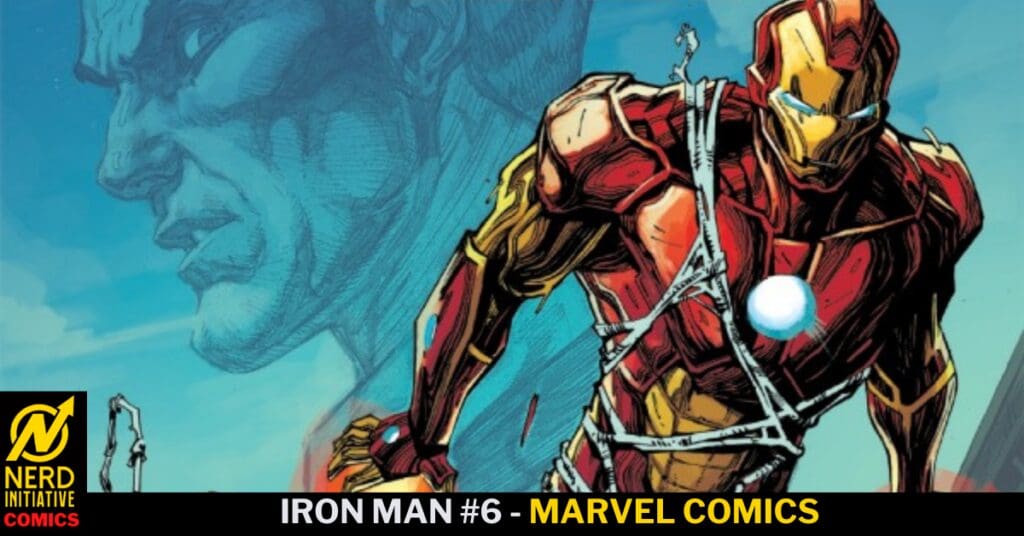 Iron Man crouched in damaged red-and-gold armor on a Marvel Comics cover, blue sky background and the Nerd Initiative Comics logo bottom-left.