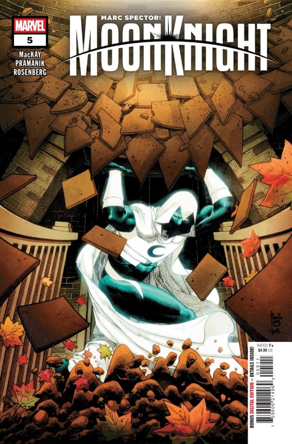 Comic book cover: Moon Knight lunges forward through falling brown tiles and autumn leaves, white cloak billowing.