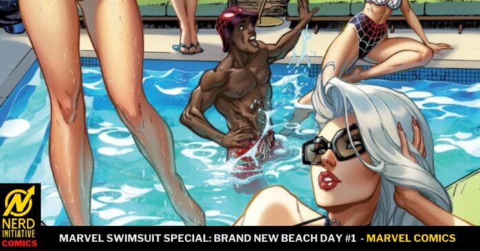 Comic pool scene: muscular man in a swim cap splashes water near three women in swimsuits; foreground woman with sunglasses; bottom banner reads Marvel Swimsuit Special: Brand New Beach Day #1—Marvel Comics.