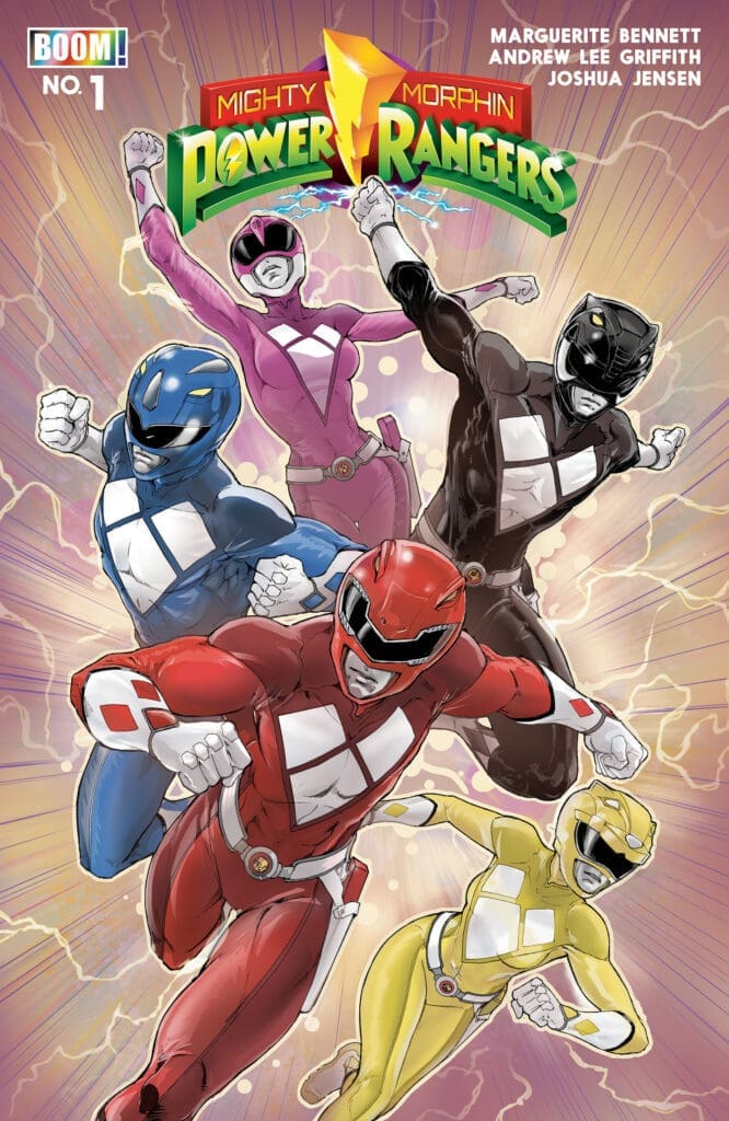 Mighty Morphin Power Rangers team in colored suits charging forward, red in front, blue, yellow, pink, and black behind, with lightning effects and a stylized logo above them (comic-book cover style).