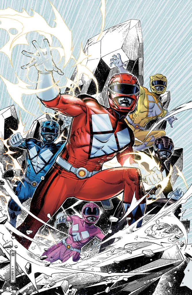 Red Power Ranger leads a squad of colorful rangers charging through shattered rocks and energy blastsl.