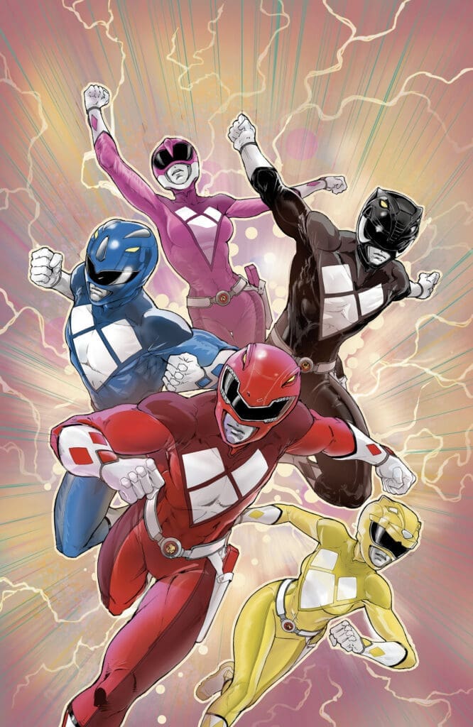Five Power Rangers (red, blue, pink, yellow, black) leap forward in a dynamic battle stance with energy bursts in the background.
