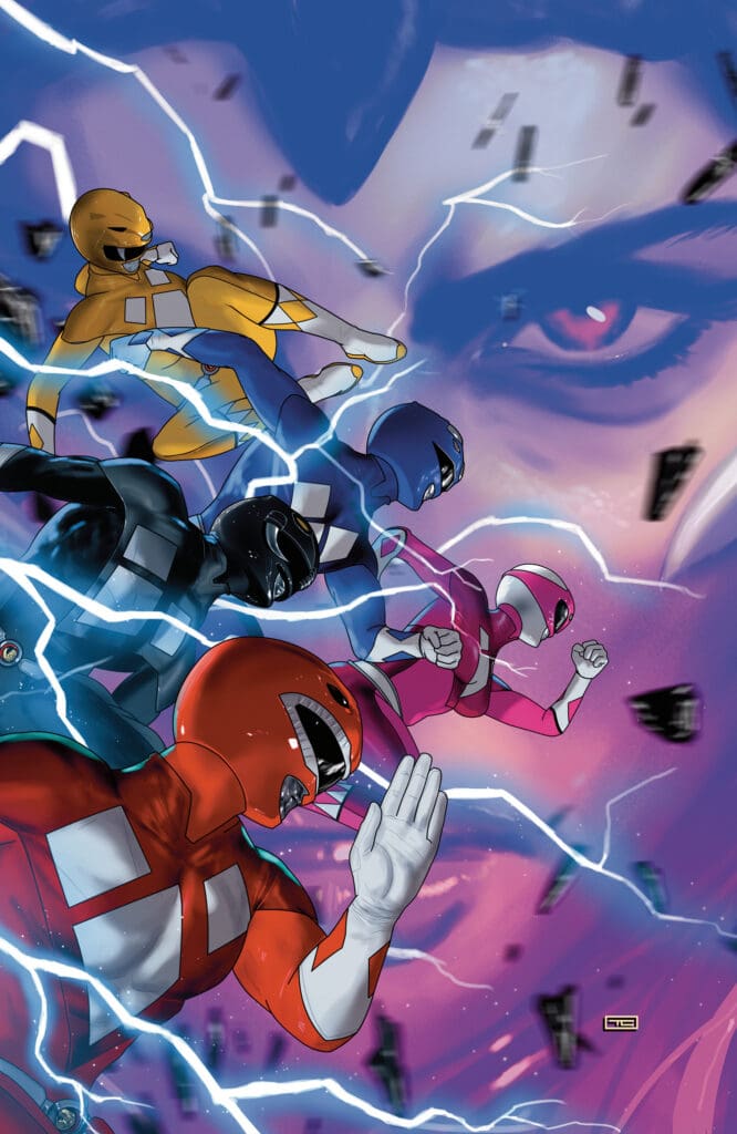 Five color-coded masked superheroes race through a lightning-filled sky in midair battle.