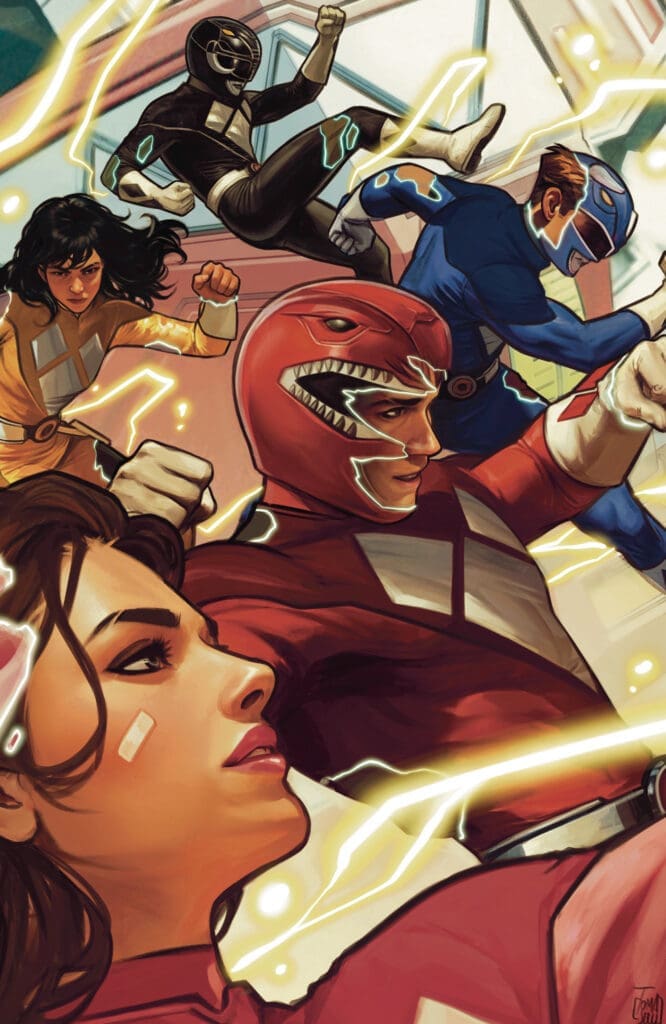 Group of colorfully suited superheroes fighting with glowing lightning in a dynamic action scene