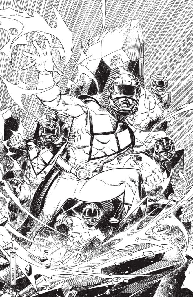 A team of muscular armored heroes wearing helmets charges forward through flying debris and energy bursts in a dynamic battle scene.
