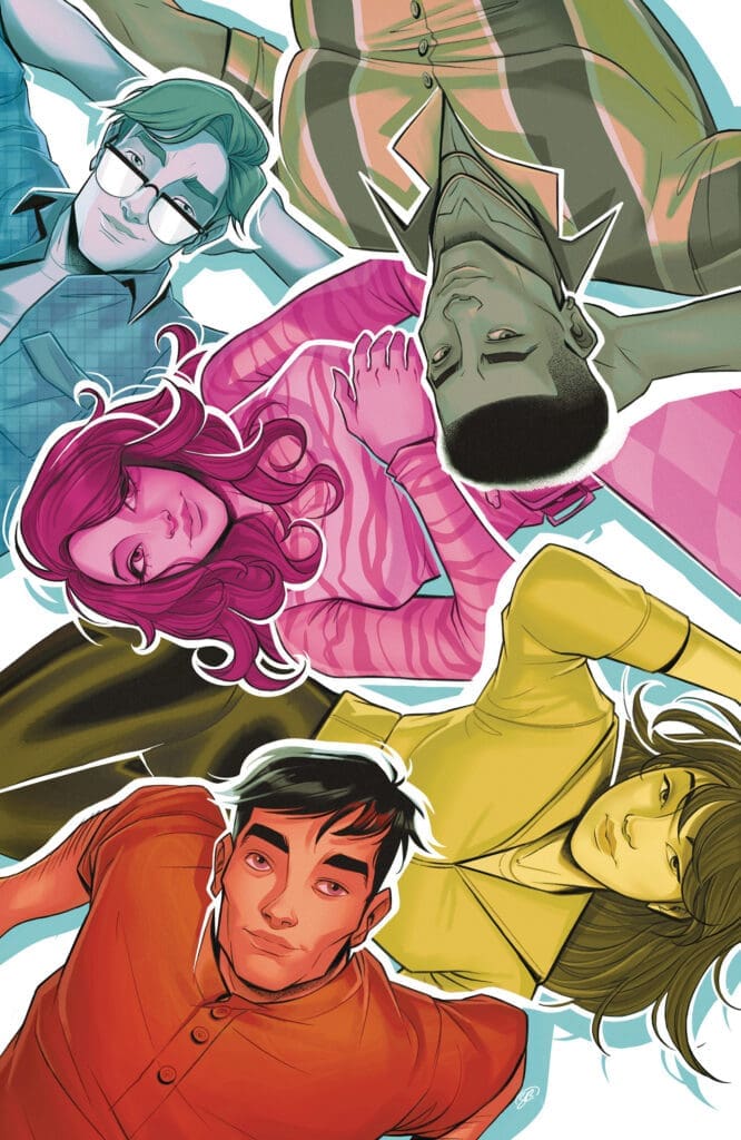 Colorful illustration of six diverse young adults lying in a circle with heads toward the center, wearing bright outfits—blue, pink, yellow, orange, and green strokes.