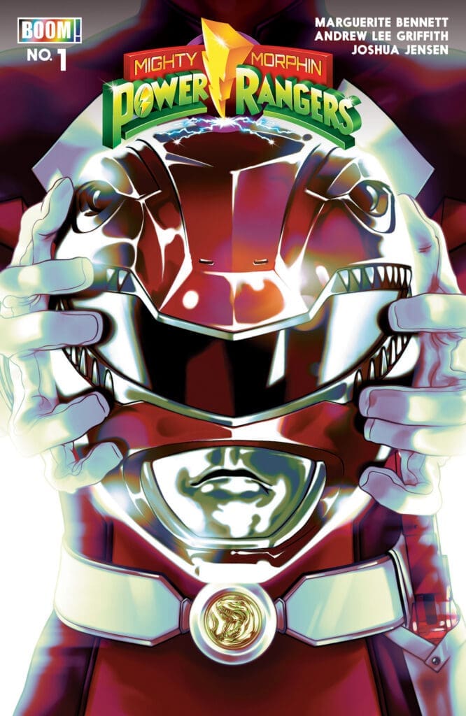 Power Ranger in red suit pulling off helmet to reveal face, with Mighty Morphin Power Rangers logo above.