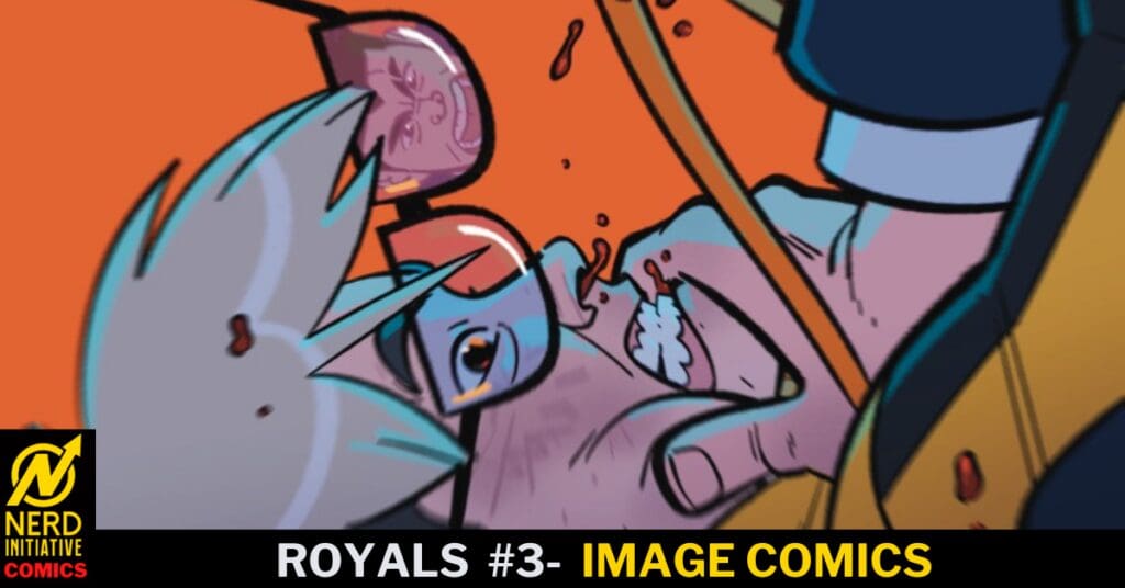 Comic-style action scene: a blue-haired character appears injured with blood droplets, against an orange background, logo bottom-left reads Nerd Initiative Comics.