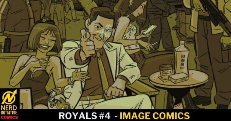 Cartoon man in a white suit sits at a bar, smoking and giving a thumbs-up next to a laughing woman; other patrons and a bottle appear in the background.