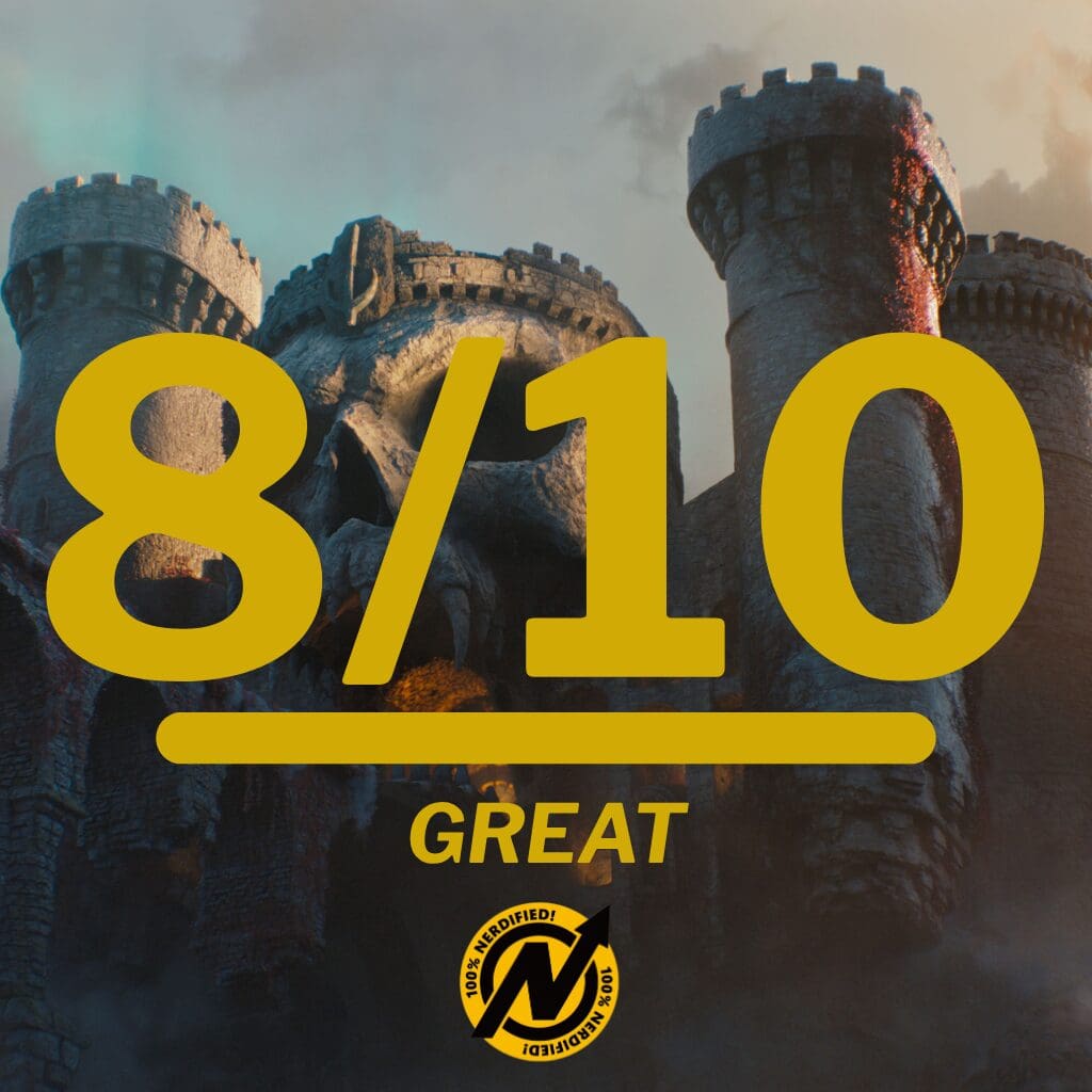 Bold yellow '8/10' rating with 'GREAT' underneath and a circular '100% Nerdified' badge over a medieval castle background