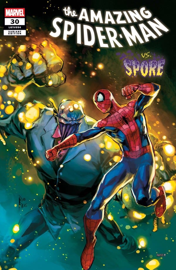 Spider-Man battles a large glowing monster in a comic cover titled 'The Amazing Spider-Man vs. Spore'.