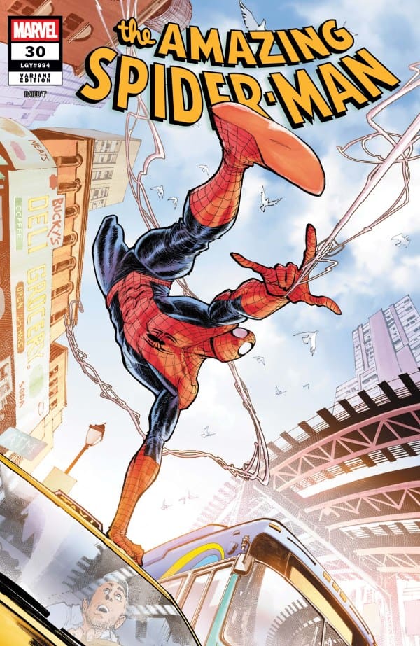 Comic book cover: Spider-Man swinging between tall buildings above a speeding train in a sunny cityscape, title 'The Amazing Spider-Man' at top, Marvel logo left.