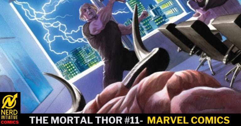 Comic book cover: a muscular superhero battles a foe on a rooftop at night with bright lightning in the sky and a city skyline behind them.