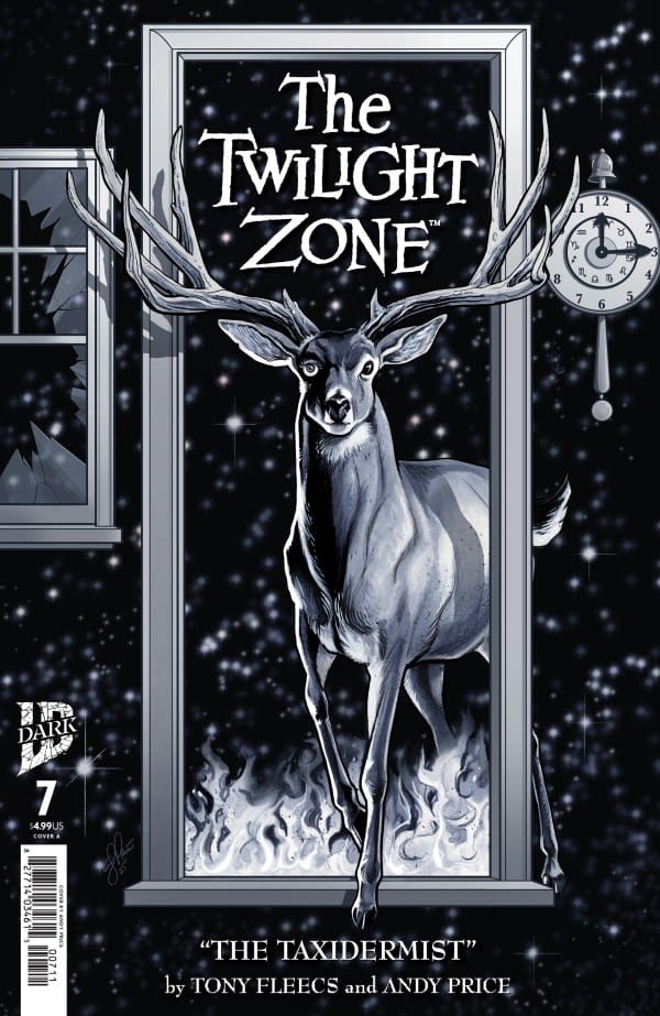 Cover of Twilight Zone comic: a deer with large antlers stepping through a doorway against a starry night, with a clock on the wall and flames at the bottom, title 'The Twilight Zone' above and 'The Taxidermist' by Fleecs and Price below.