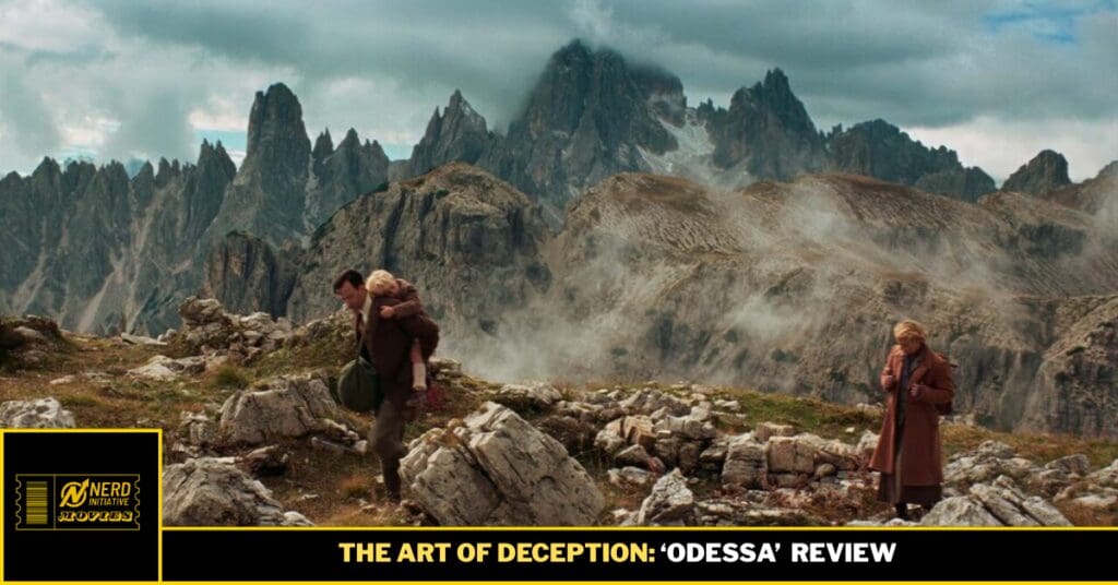 Thumbnail from a film review: a man carries a child on his back across a rocky, alpine landscape with jagged mountains in the background; a woman stands to the right; bottom banner reads 'THE ART OF DECEPTION: ODESSA REVIEW'.