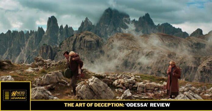 Thumbnail from a film review: a man carries a child on his back across a rocky, alpine landscape with jagged mountains in the background; a woman stands to the right; bottom banner reads 'THE ART OF DECEPTION: ODESSA REVIEW'.