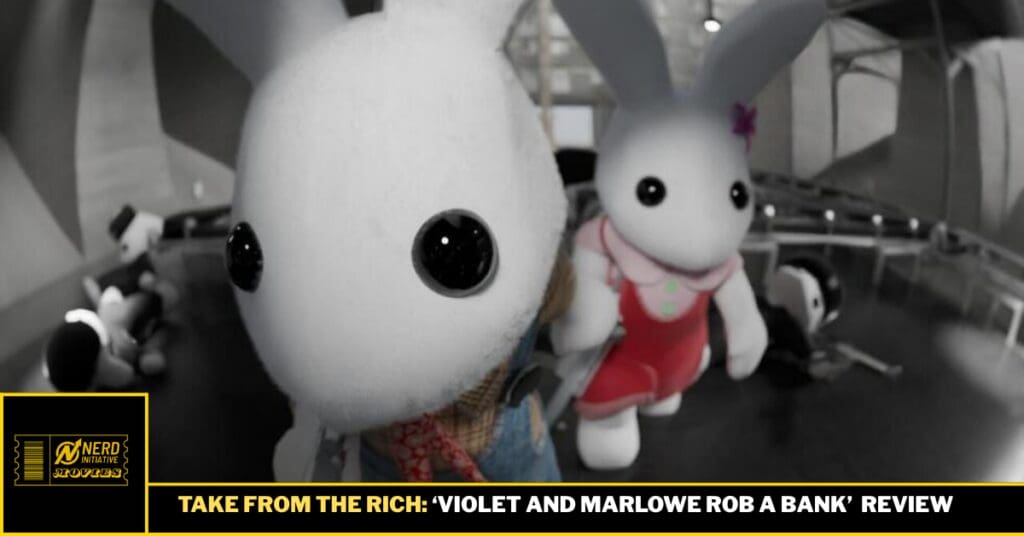 Two white plush bunny mascots stand on a stage, one in blue denim and the other in a red dress, with a black-and-yellow news ticker at the bottom.