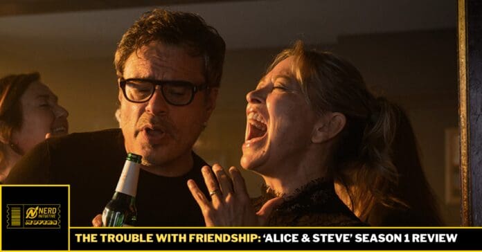 Promo banner showing two people at a party, one with a beer bottle, person singing wildly; text reads 'The Trouble with Friendship: Alice & Steve Season 1 Review'.