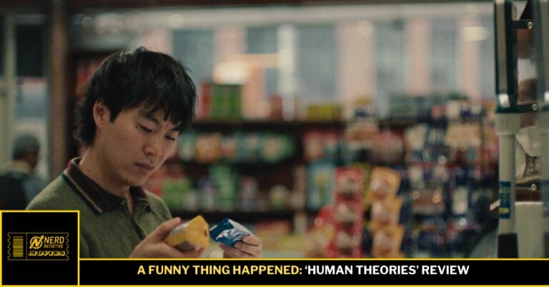 Man in a store examining two snack packets, appearing to review products for a video thumbnail labeled 'A Funny Thing Happened: Human Theories' Review.