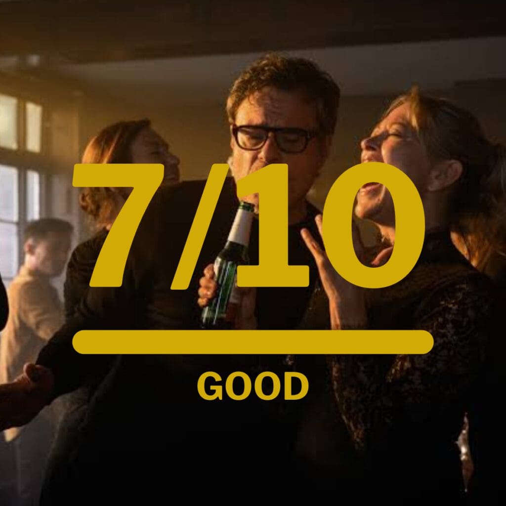 Celebrating party scene with people cheering; a man with glasses holding a bottle, warm lighting, oversized yellow '710' and 'GOOD' overlay covered by a bar graphic.
