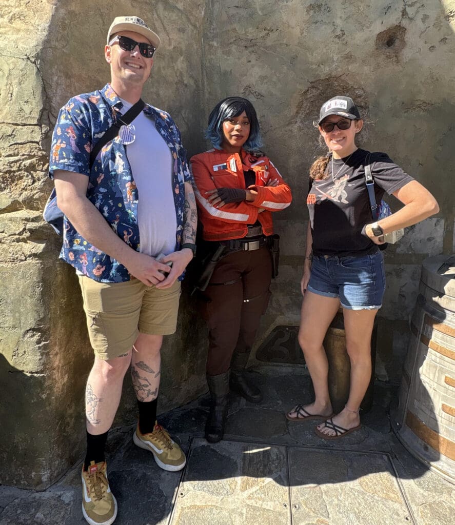 Matt & Lauren from NERD INITIATIVE hiding from the First Order with Vi Moradi at Disney's Hollywood Studios in Florida.