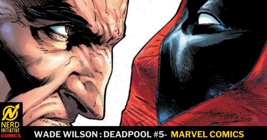 Close-up of two masked heroes facing off on a Marvel cover: a rugged grimacing man on the left and a red-and-black suit on the right, with Nerd Initiative Comics logo lower-left.