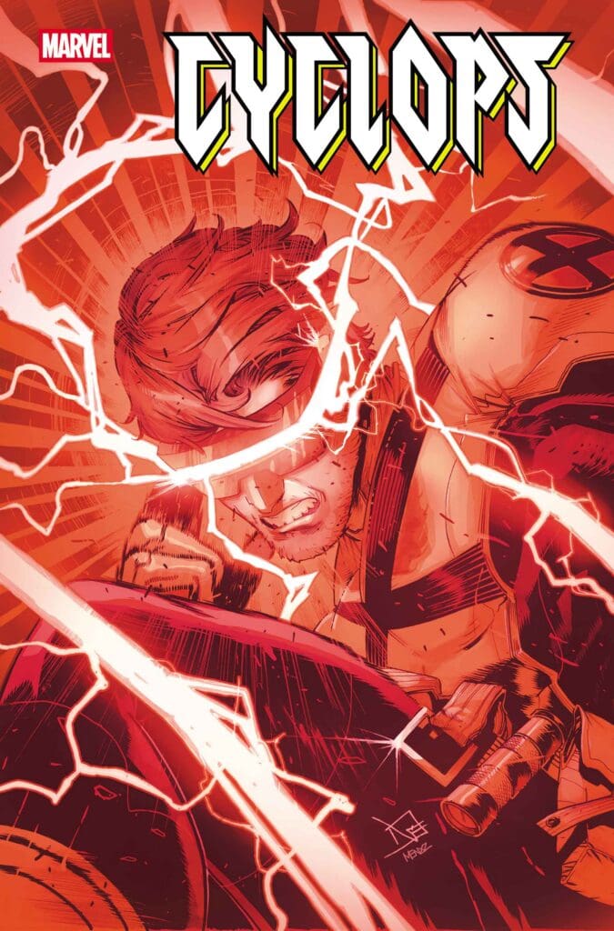 Dynamic Marvel comic cover showing two armored figures locked in battle amid bright red energy and jagged white lightning bolts, Cyclops-style helmet visible on one fighter.