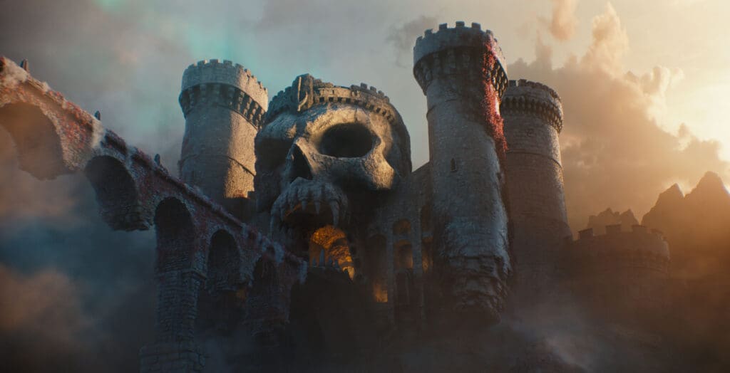 Fantasy fortress with a colossal skull-shaped entrance and round towers, shrouded in mist at sunset.