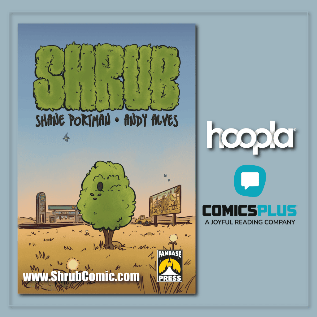 Comic book cover for 'CHUNK' by Shane Portman and Andy Alves, featuring a giant green shrub-letter title over a desert town scene with a tree and billboard.