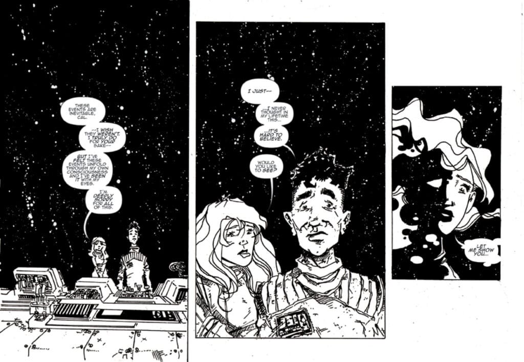 Panel shows a star-filled space background with a control desk and two people at left: dialogue mentions inevitable events and sacrifice.