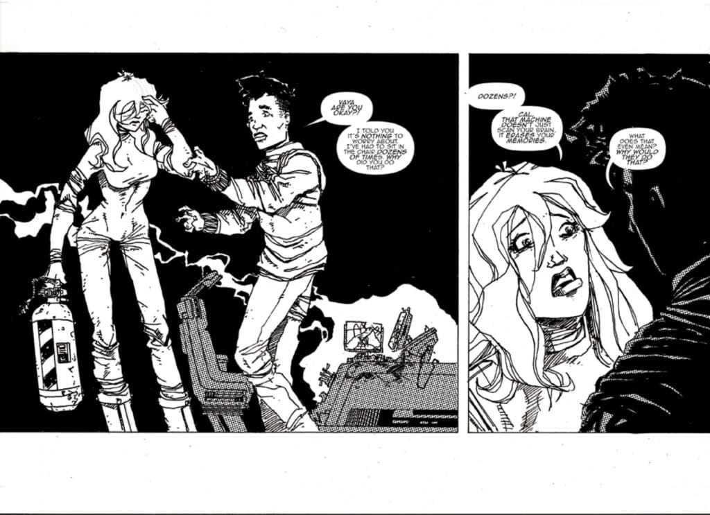 Two characters stand on a black background: a man reaches out toward a distressed woman while a bottle and wreckage lie nearby, with jagged speech bubbles above them suggesting dialogue.