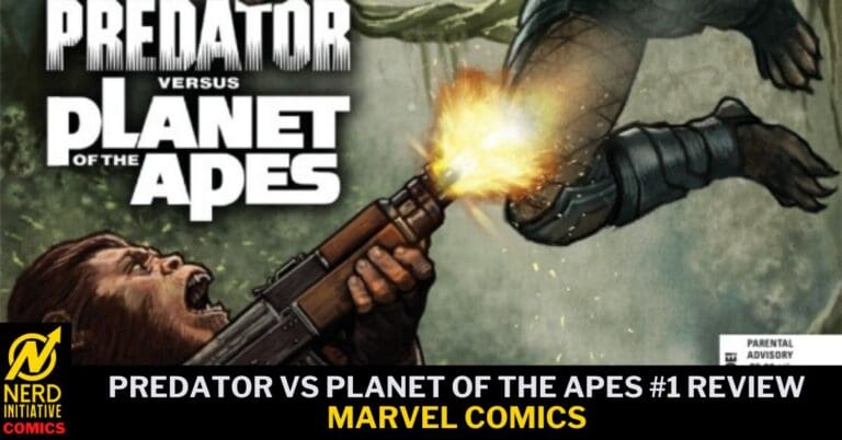 Comic cover showing a man firing a rifle at an ape-like creature; bold 'Predator vs Planet of the Apes' title and a 'MARVEL COMICS' banner at the bottom, with Nerd Initiative logo bottom-left.