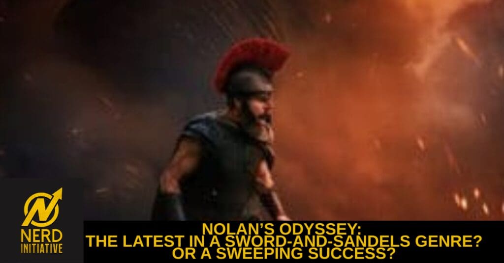 Video thumbnail for Nerd Initiative analyzing Nolan's Odyssey, featuring a muscular warrior with a red helmet amid flames in a battle scene.