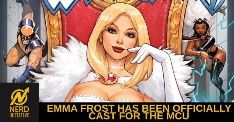 Comic-style cover announcing Emma Frost cast for the MCU, with a glamorous blonde in a white fur outfit on a throne and the banner text.