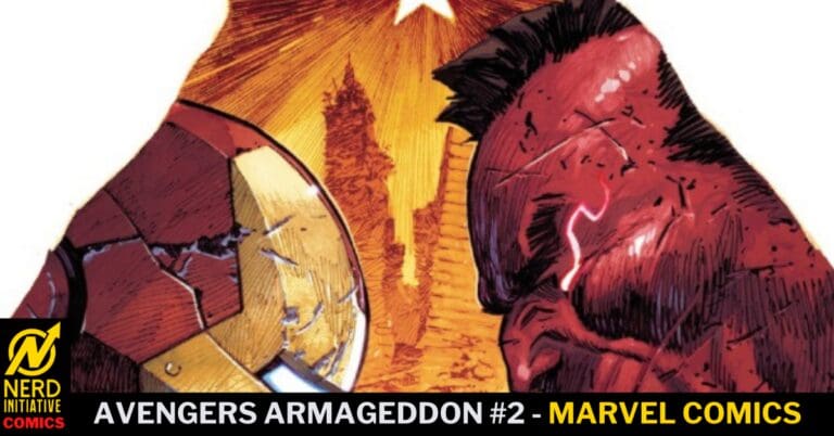 Comic cover for Avengers Armageddon #2 (Marvel) showing Iron Man on the left and Hulk on the right with a fiery orange background; Nerd Initiative Comics logo bottom-left.