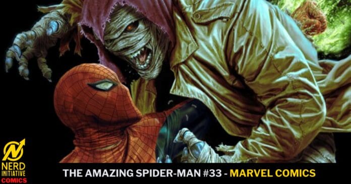 Comic book cover thumbnail: Spider-Man confronts a monstrous mummy creature; Nerd Initiative Comics logo in bottom-left; title reads 'The Amazing Spider-Man #33 - Marvel Comics'