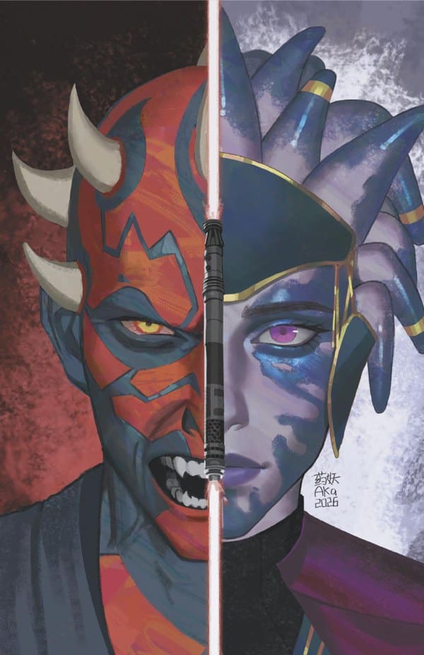 Split portrait of a red demon-like warrior on the left and a blue, masked jester on the right, with a glowing lightsaber running down the center.