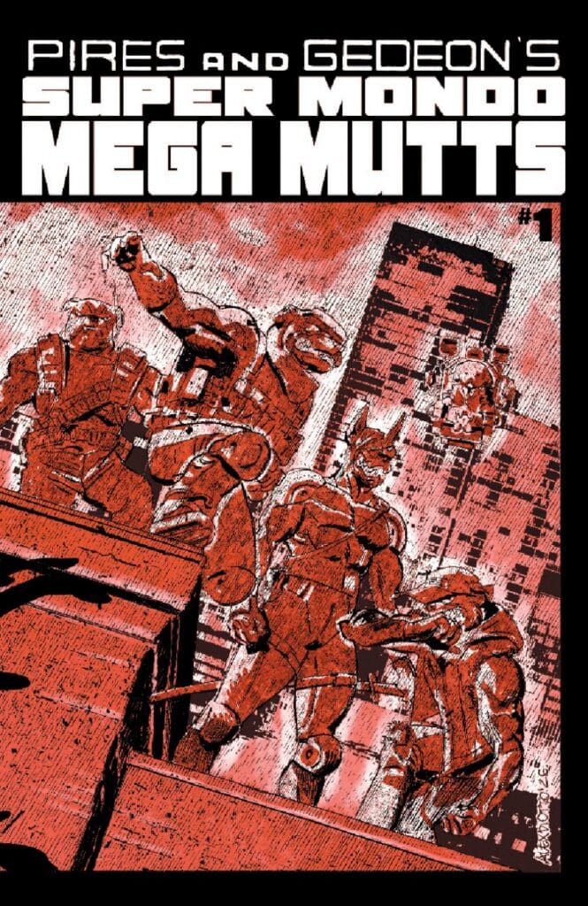 Comic-book cover showing a team of armored superheroes posing on a rooftop in red-toned art, bold title text above.