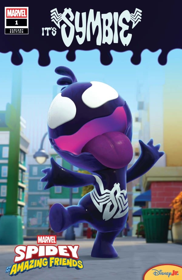 Cover art for Marvel's Spidey and His Amazing Friends featuring a purple alien-like character dancing in a city street.