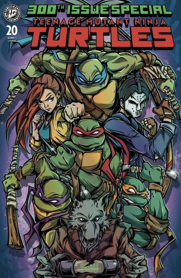 TMNT 300th issue special cover showing the four ninja turtles and allies in dynamic poses on a comic cover.