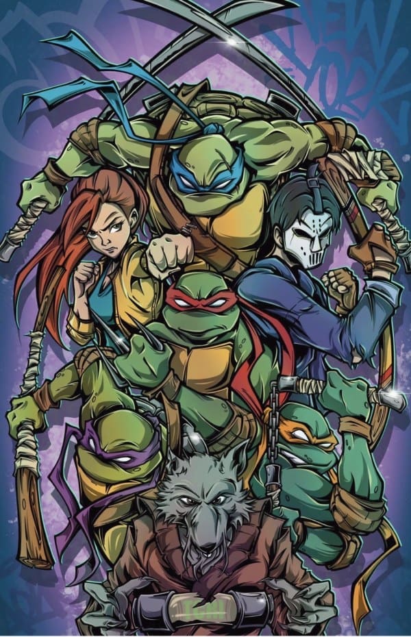 Group of Teenage Mutant Ninja Turtles with allies in a dynamic team pose, wielding weapons and ready for action.