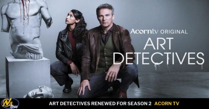 Promotional banner for Acorn TV's Art Detectives: a man and woman kneel beside broken sculpted busts in a studio backdrop.