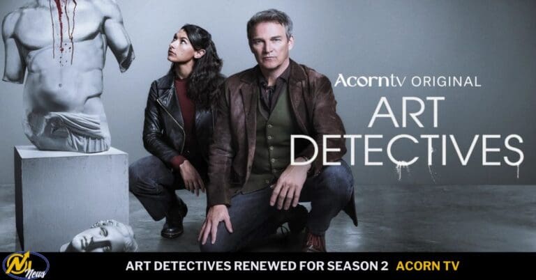 Promotional banner for Acorn TV's Art Detectives: a man and woman kneel beside broken sculpted busts in a studio backdrop.