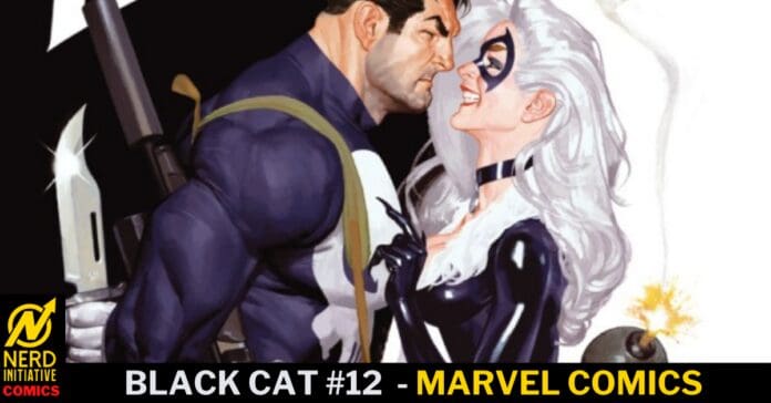 Comic book cover of Black Cat #12: Black Cat and a muscular man lean in for a kiss; Marvel Comics.