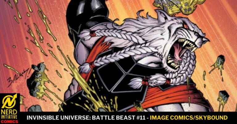 Comic cover featuring Battle Beast: a snarling white-furred armored monster with a thick rope around its torso, roaring amid an explosive orange background.