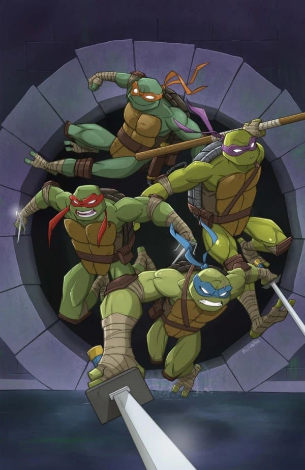 Four Teenage Mutant Ninja Turtles leap from a sewer opening with weapons drawn into a dark tunnel.